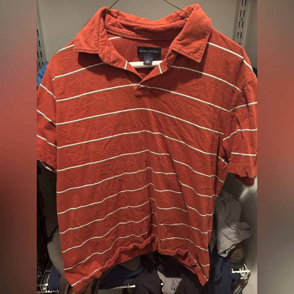 Banana Republic Men's Polo: Dark Orange with White/Green Stripes